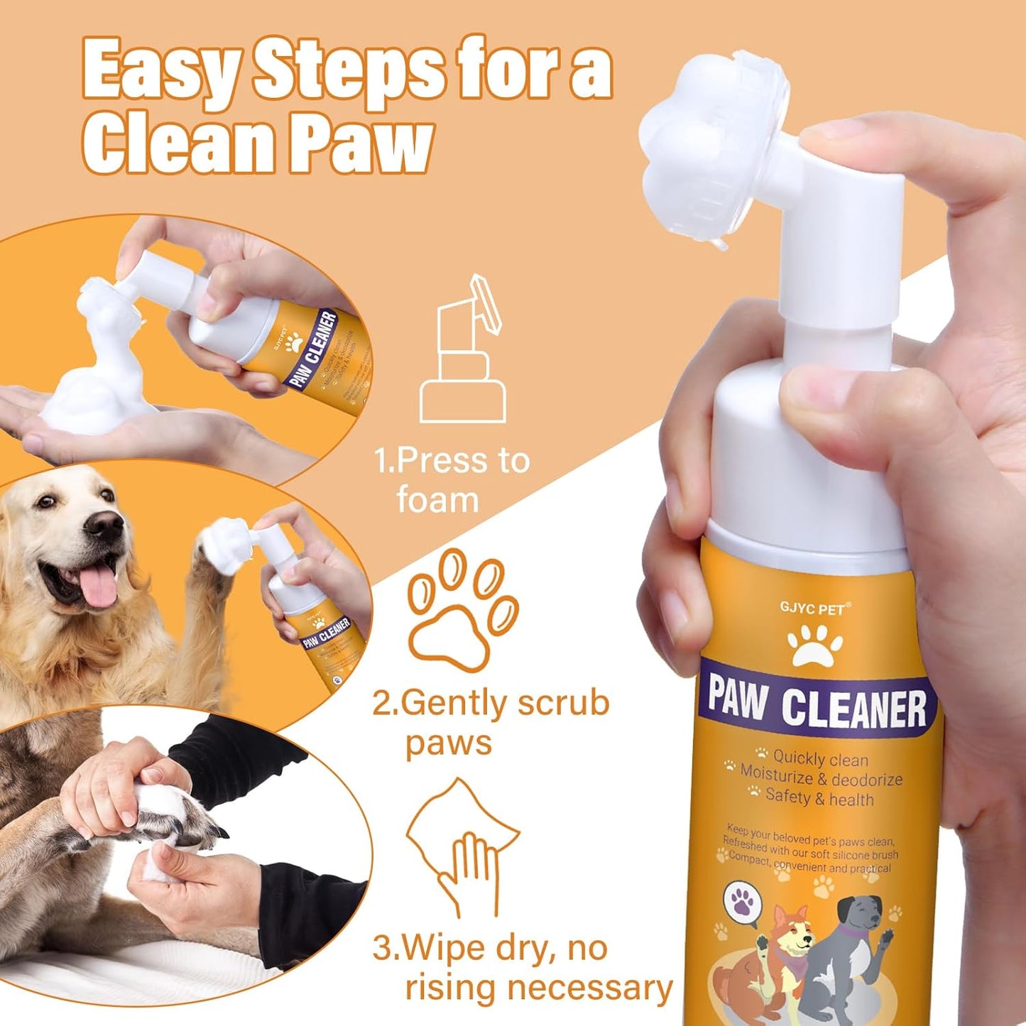 No-Rinse Foaming Paw Cleaner with Soft Silicone Brush – Rose Scent